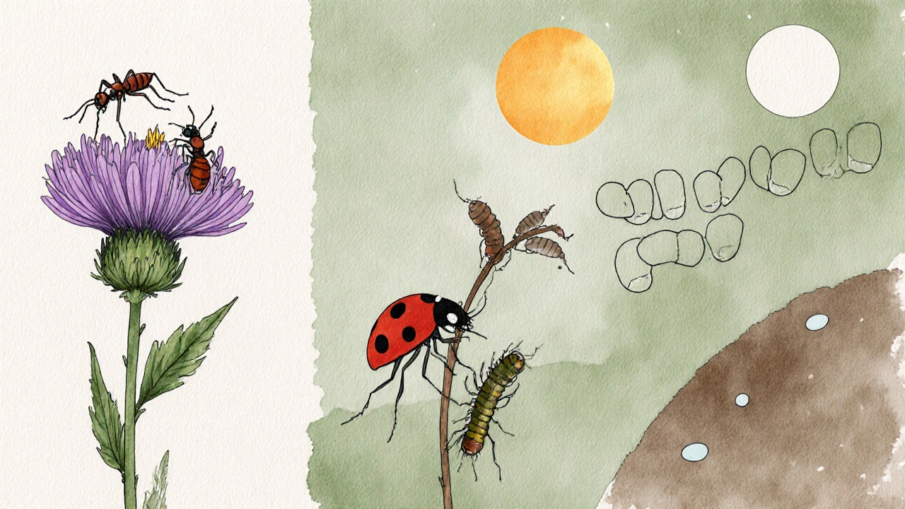 Цикл тли: вредители, муравьи и божьи коровки на цветке, зимние яйца на стебле, символические солнце и луна.