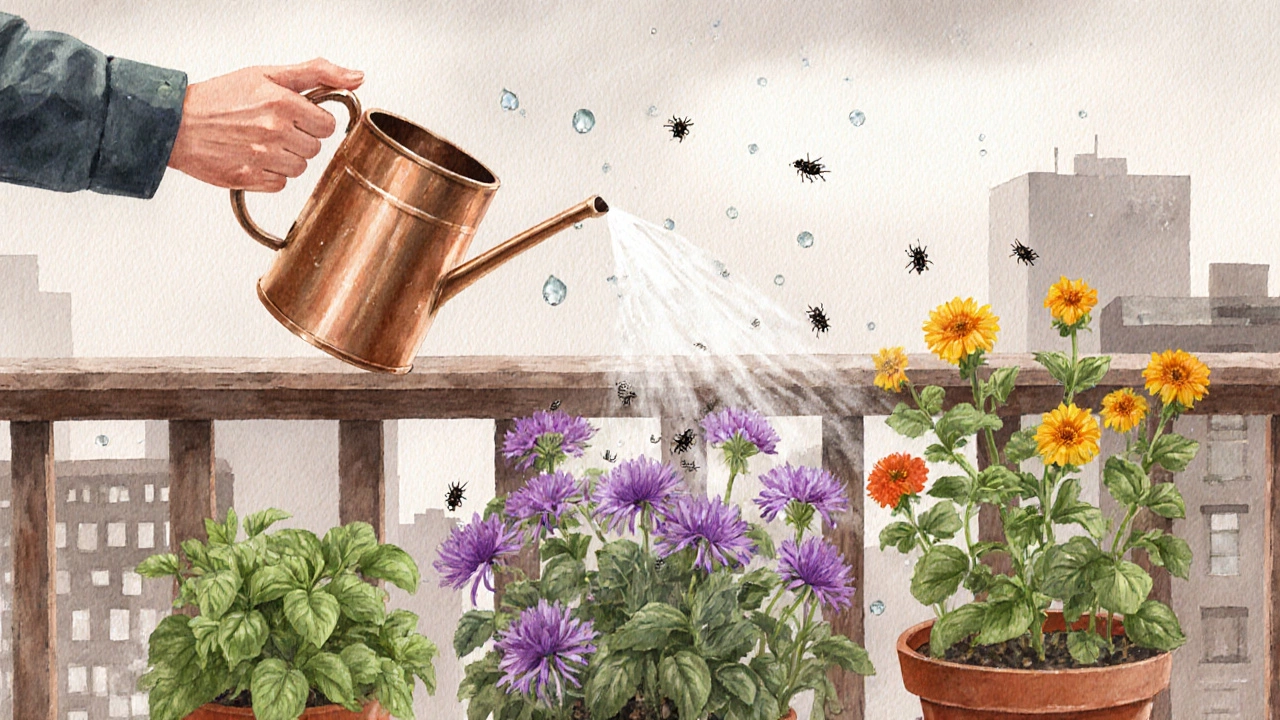 Садовник опрыскивает хризантемы в горшке на балконе настоем чеснока и мыла, рядом — базилик и календула.