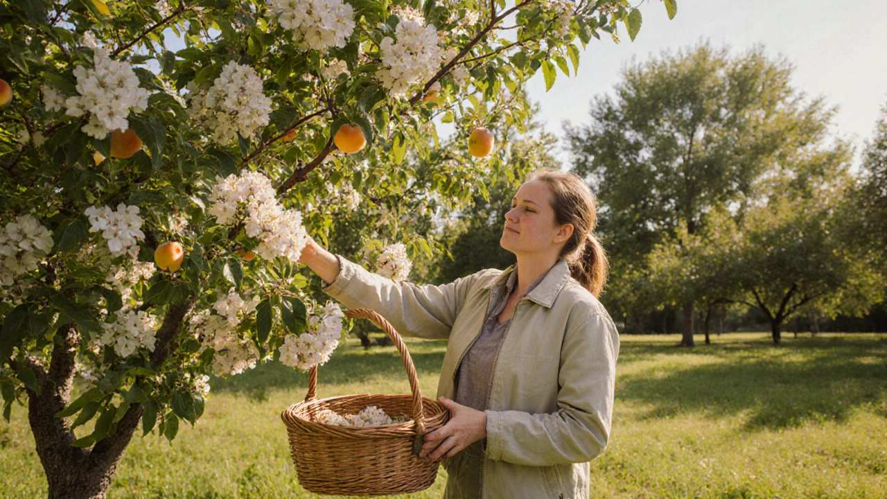 Садовник тонко удаляет цветы абрикоса, чтобы не перегружать дерево.
