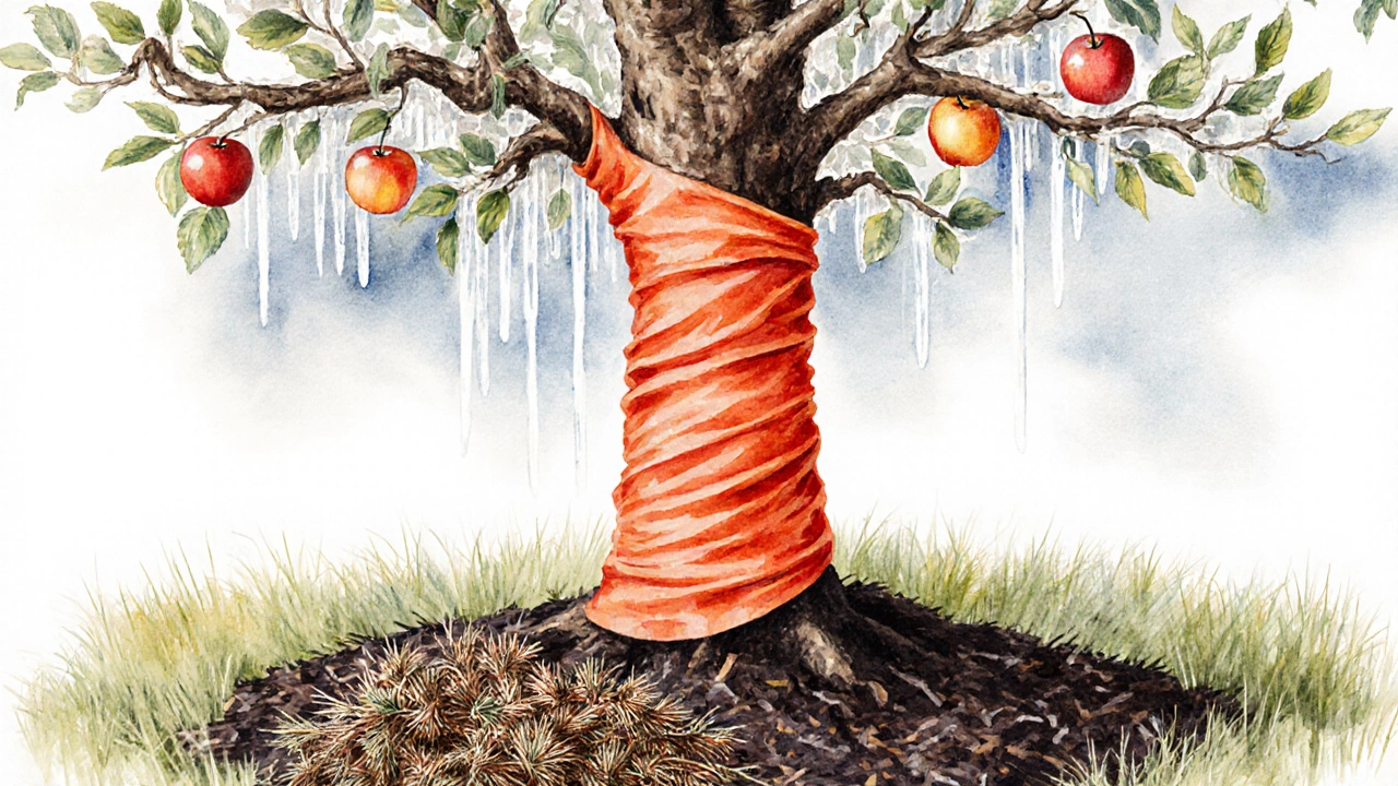 Традиционные методы защиты: мульча, теплая ткань, спрей и хвойные ветки вокруг дерева.