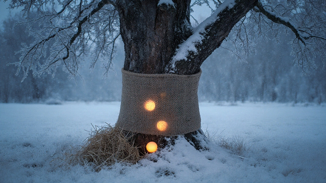 Зимой абрикосовое дерево укрыто мешковиной и мульчей, скрытые почки ждут весны.