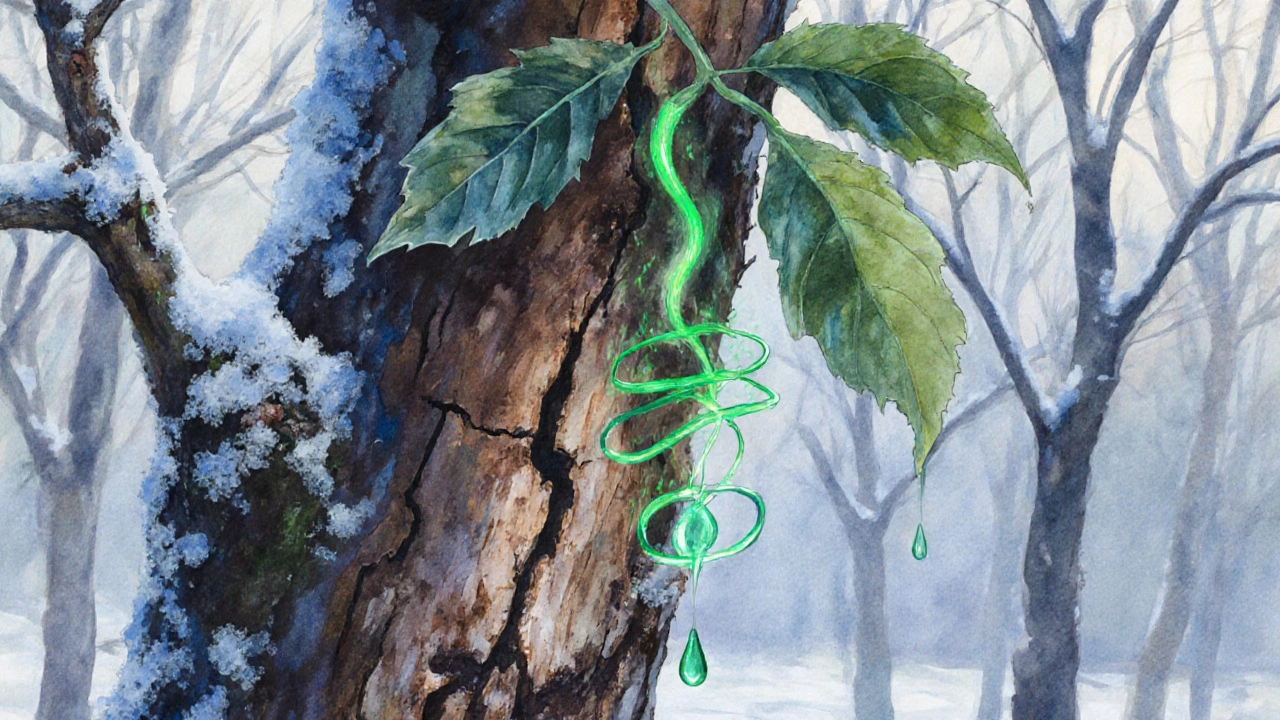 Ближний план ствола дерева с треснувшей корой, по которому стекает раствор, стимулирующий восстановление.