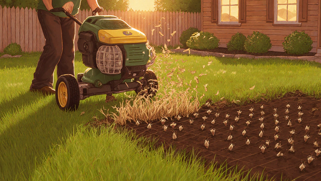 Человек использует вертикуттер для удаления соломы с газона, на заднем плане аэратор.