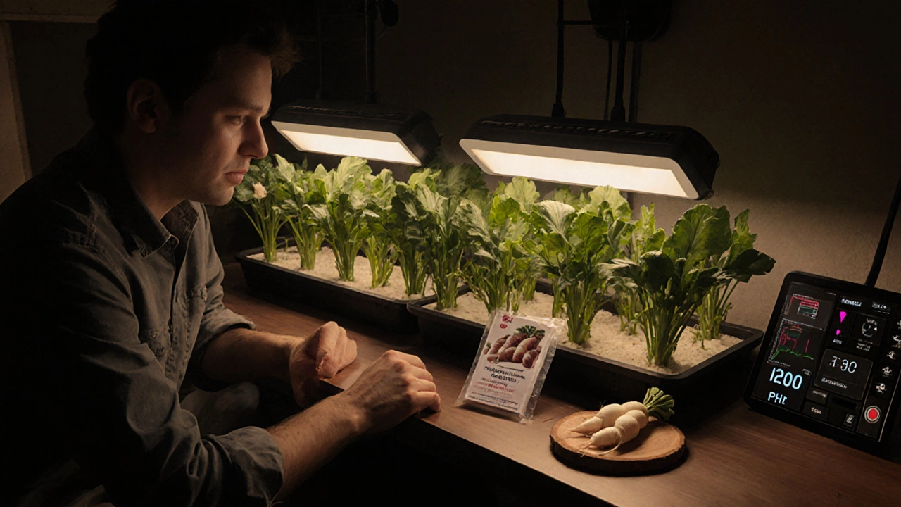 Человек у гидропонной системы с редисом и цифровыми датчиками в тихой комнате.
