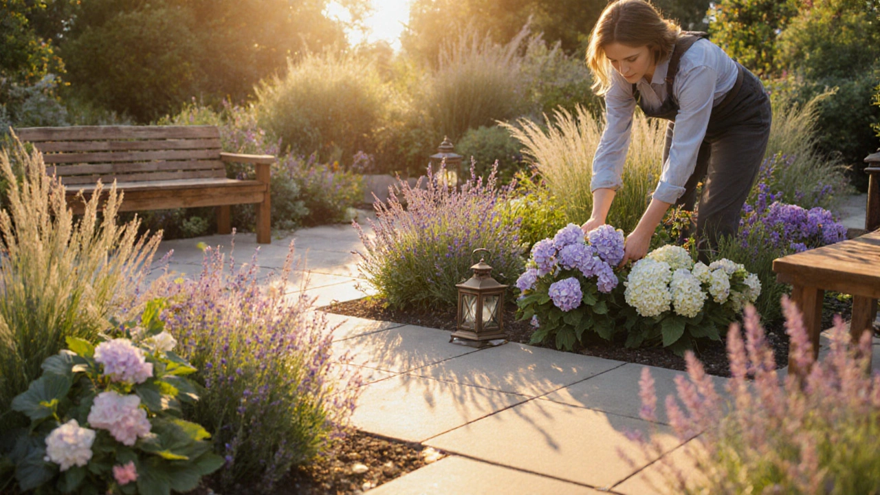 Дизайнер создаёт цветник с цветущими растениями на террасе