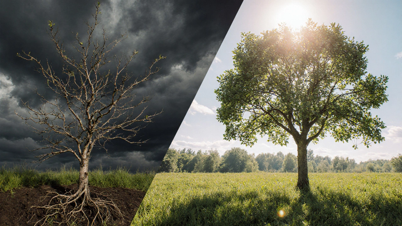 Два состояния яблони: слева — неправильно обрезанное дерево, справа — правильно сформированное, разделённые чёткой линией.