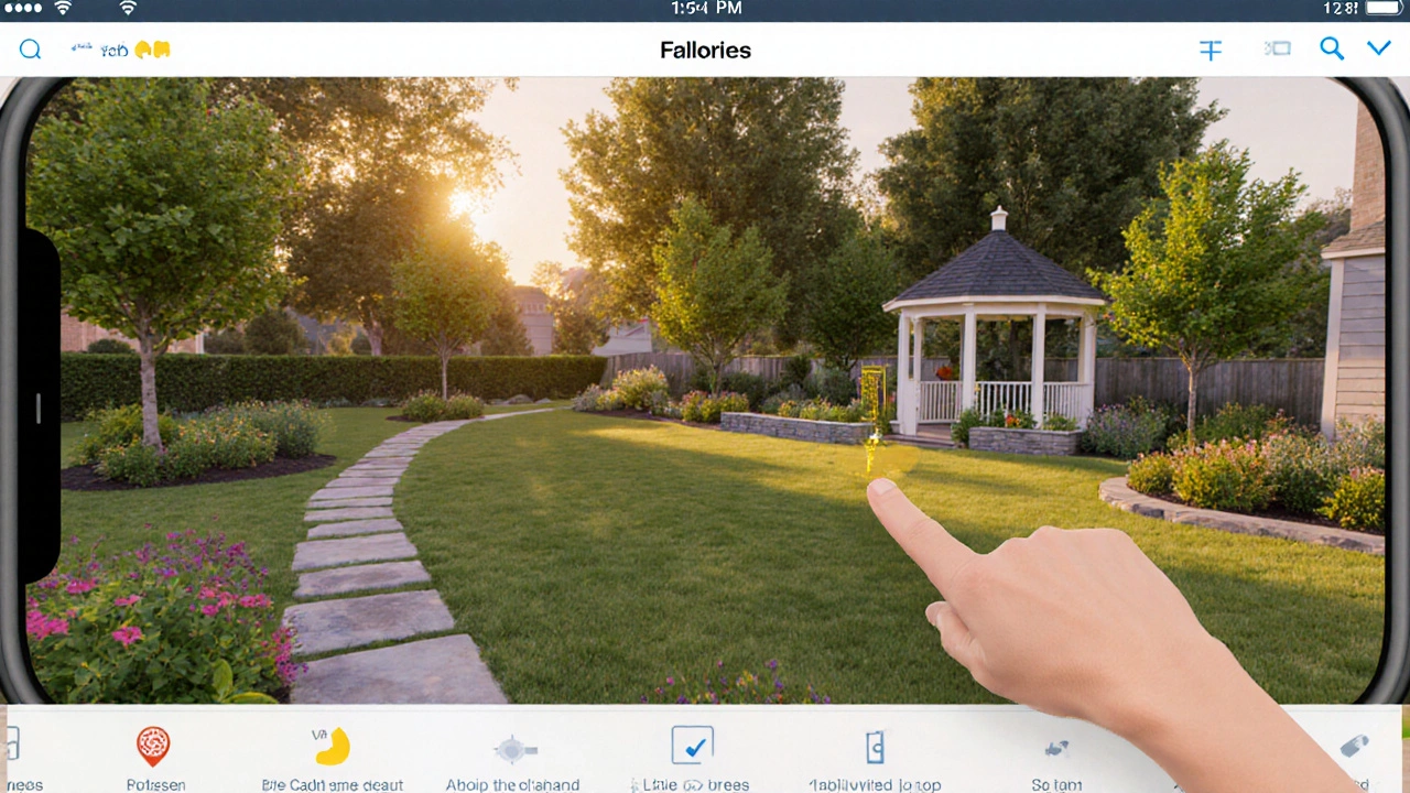 Экран телефона с приложением для дизайна сада, наложенное на фото участка.