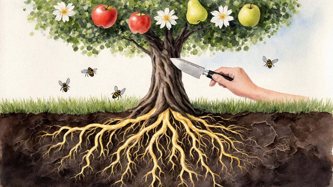 Корни яблони и груши соединены энергетическими линиями, хвоя подавлена.