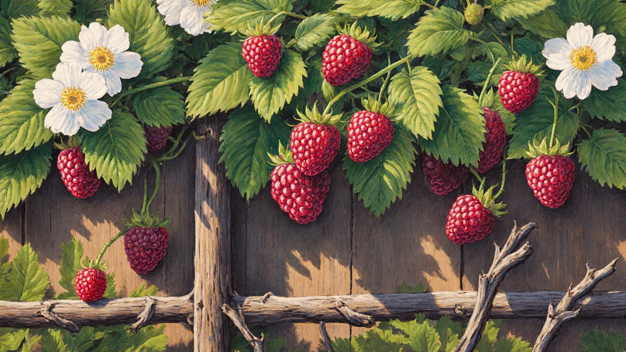 Куст малины с ягодами на шпалере, солнечный свет падает на спелые плоды.