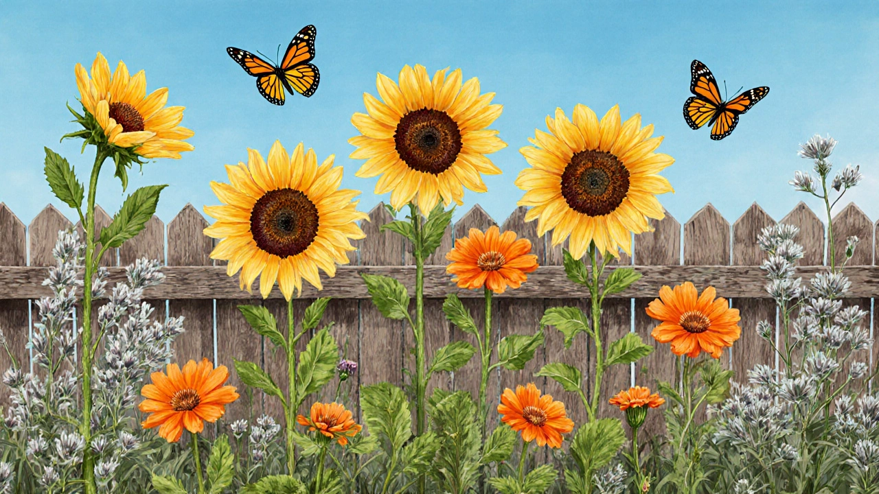 Летний сад с подсолнухами, космеей и календулой, бабочки, живописный пейзаж.