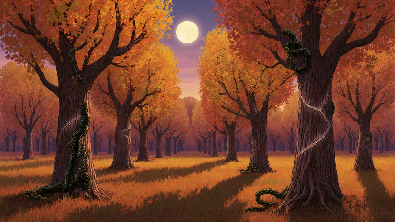 Осенний сад с деревьями, у которых от срезов распространяется гниль.