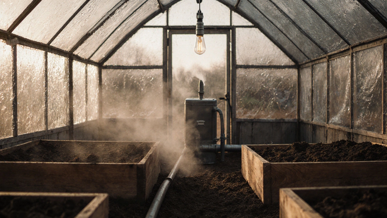 Пар подается в почву в теплице через трубу, конденсат на стекле, теплая атмосфера внутри.