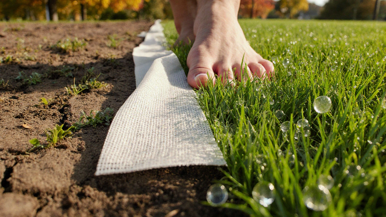 Последовательность восстановления газона: от сухой земли до зеленой травы, покрытой нетканым материалом.