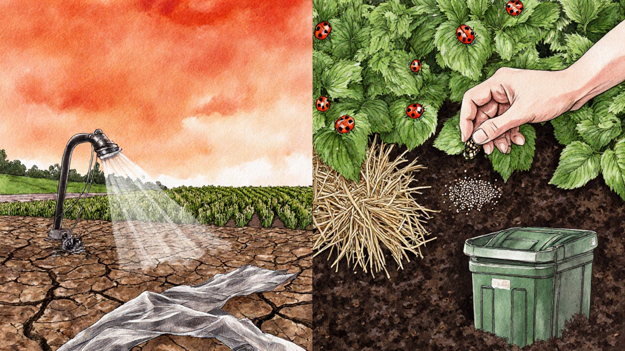Разделённый пейзаж: слева — химическая обработка, справа — органическое земледелие.