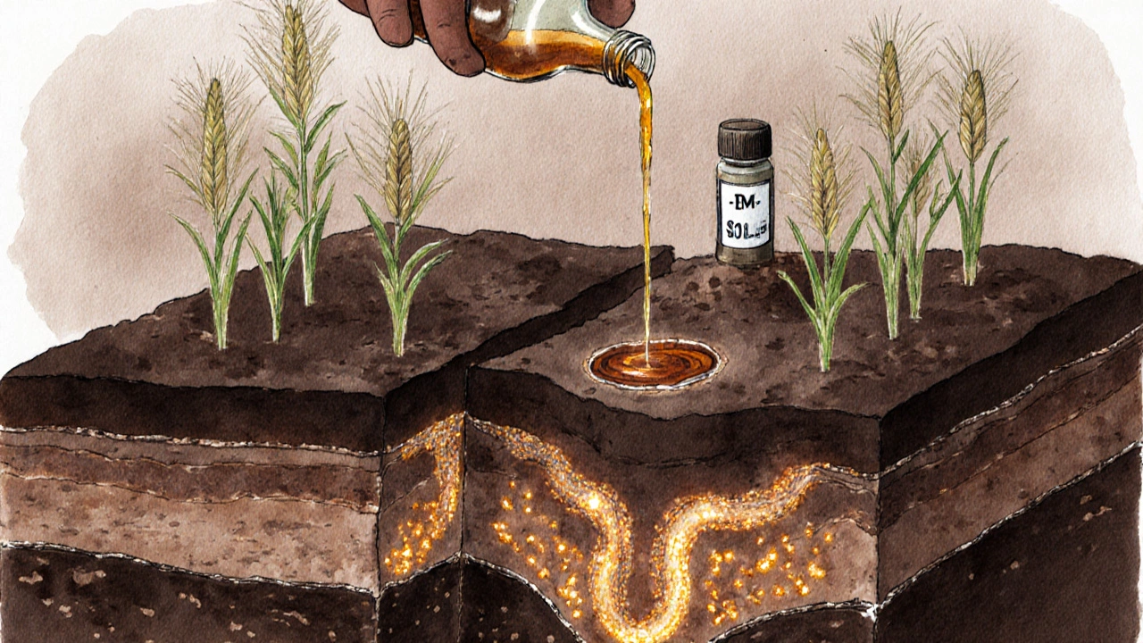 Разрез почвы с компостом, микробами и всходами ржи после стерилизации, символизирующий восстановление.