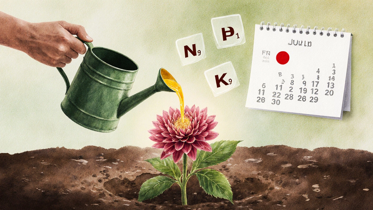 Рука поливает георгин удобрением, в воздухе светятся символы фосфора и калия.