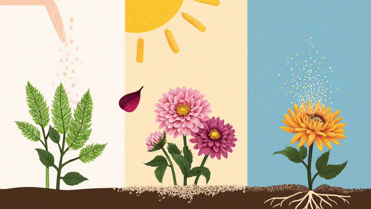 Сезонная схема ухода за цветами: весна, лето, осень — с символами удобрений.