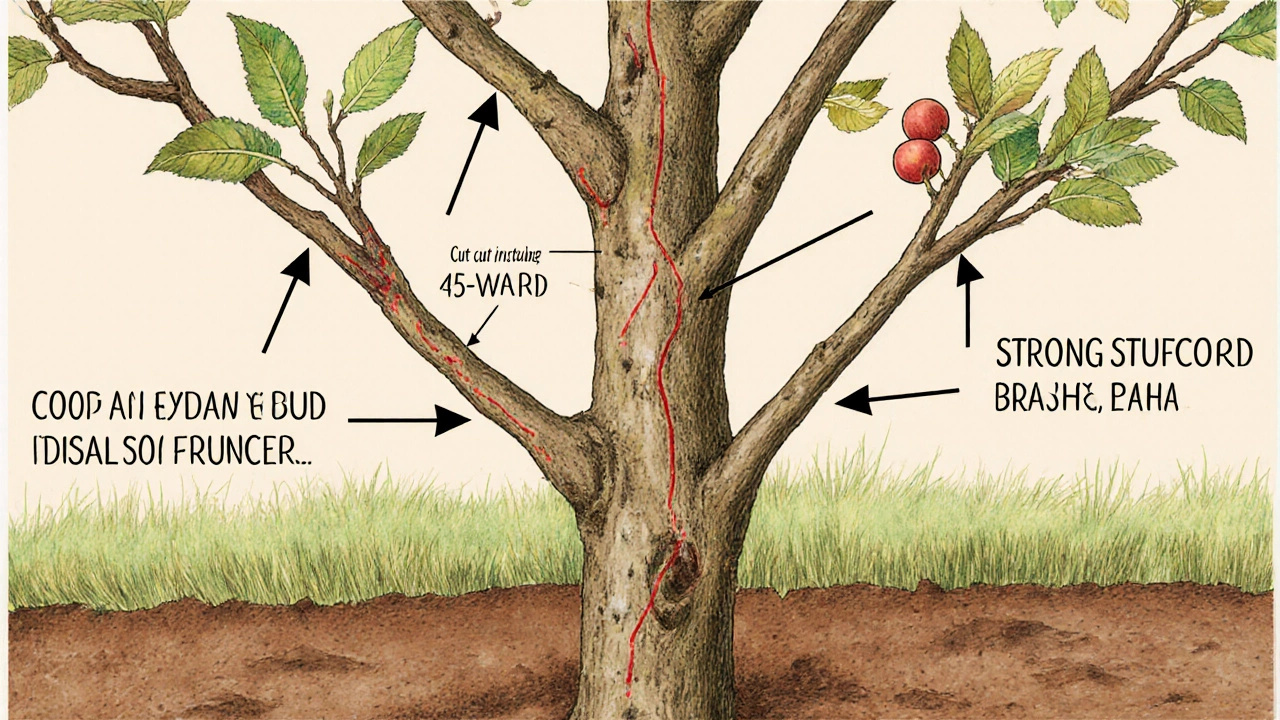 Схематичное изображение молодой яблони после первой обрезки: три скелетные ветви под углом 45–60 градусов, срезы над внешними почками.
