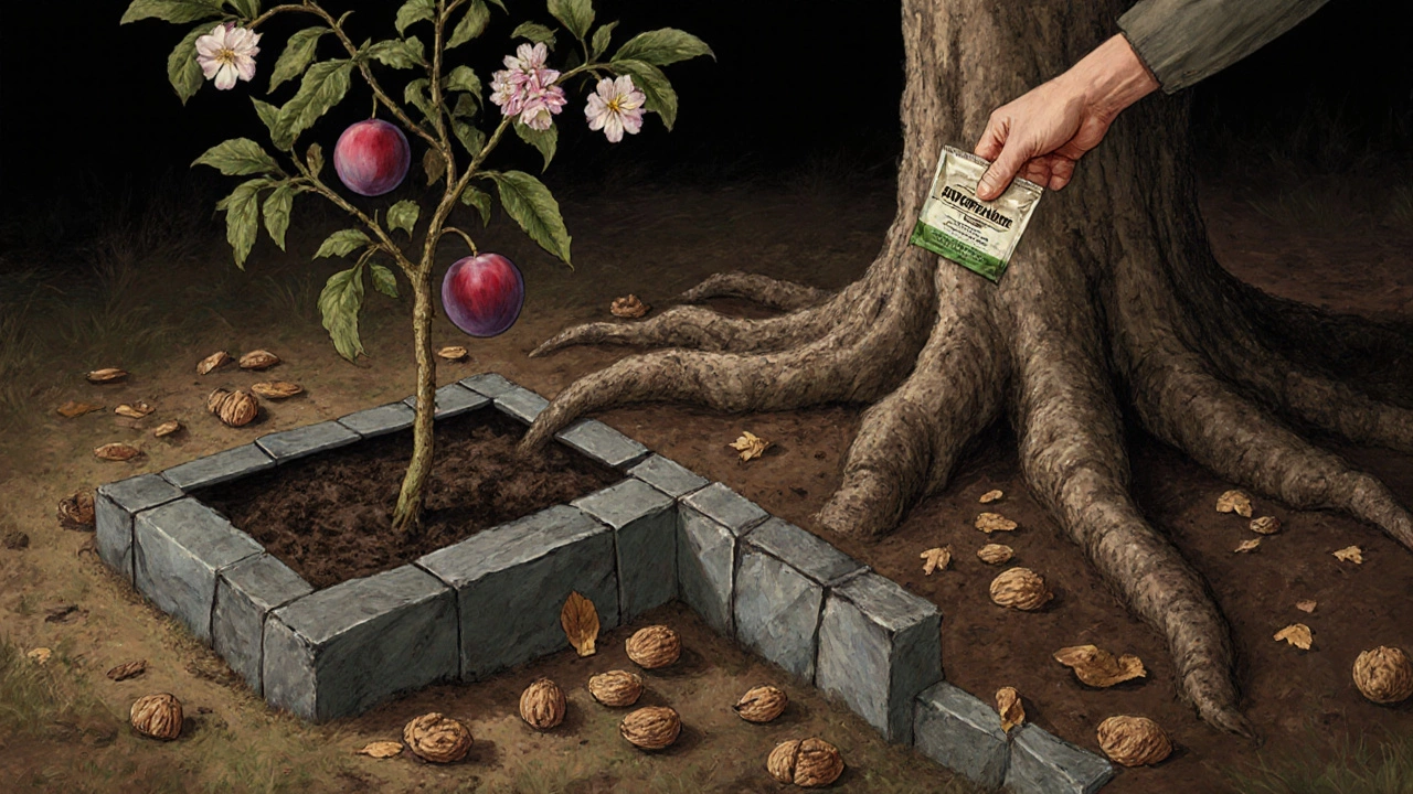 Слива защищена барьером от ореха, рядом — удобрения и уход.