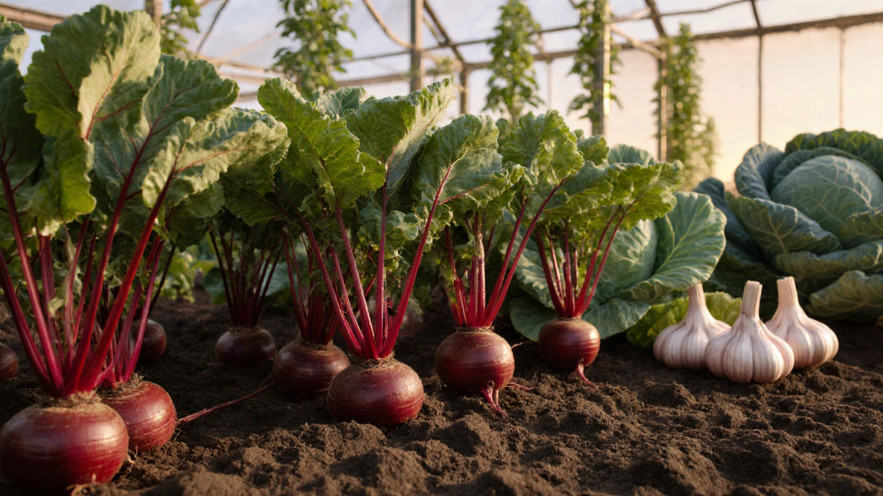 Свекла с зелеными листьями и бордовыми корнеплодами рядом с капустой и чесноком в теплице.