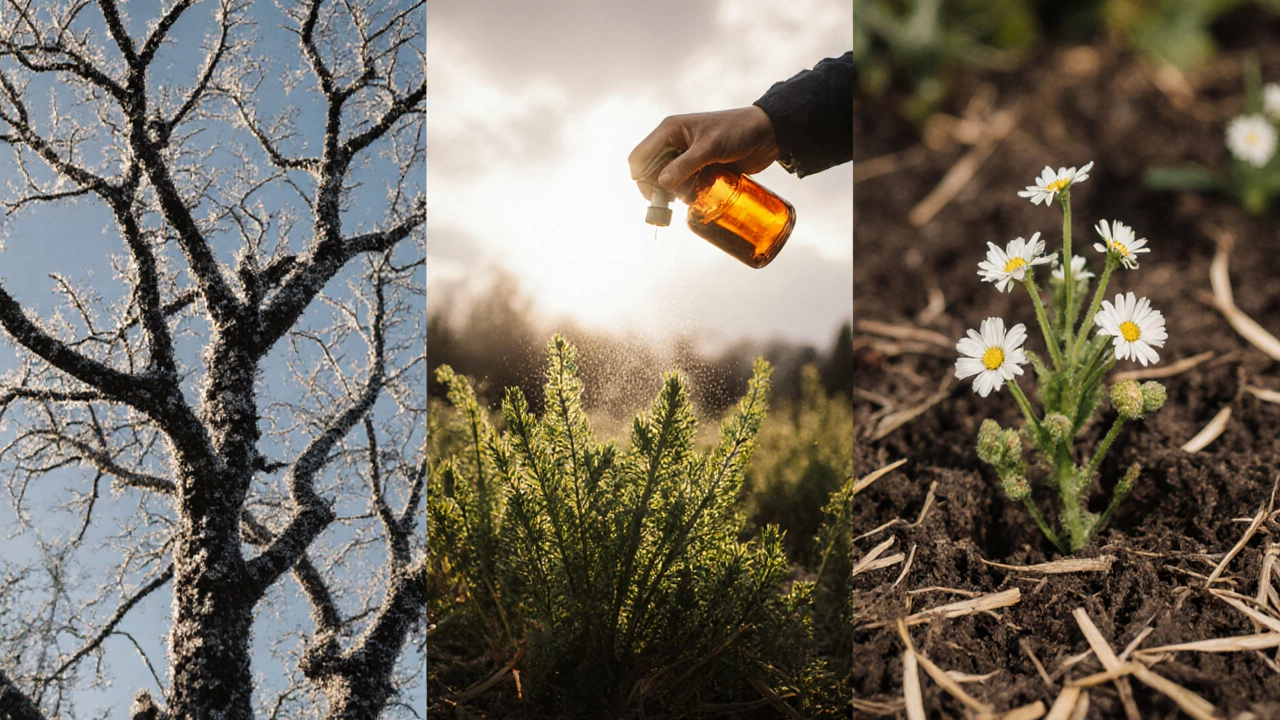 Три этапа восстановления дерева после заморозков: гибель, обработка и новые побеги на одном изображении.