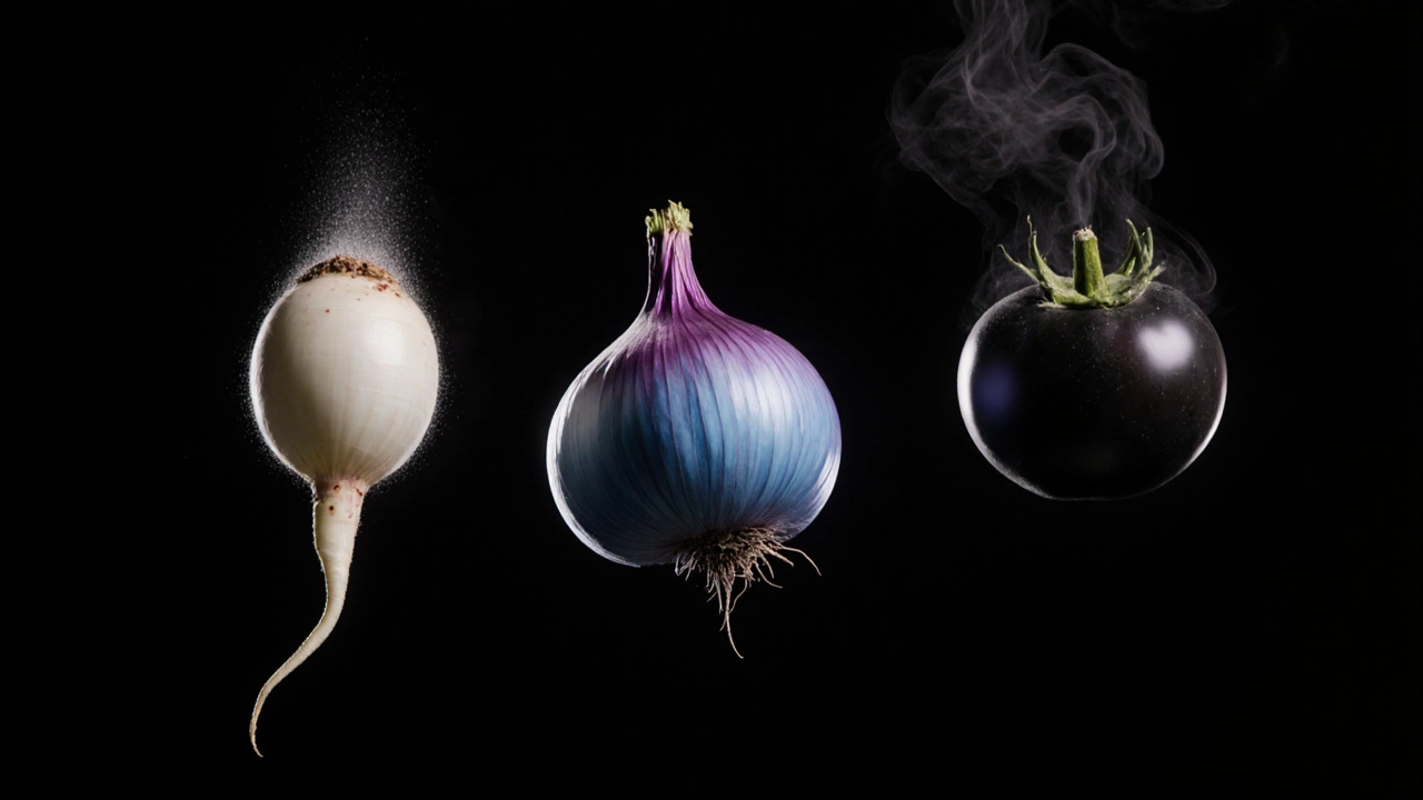 Три редких овоща парят в темноте: редис, синий лук и черный томат с сиянием.