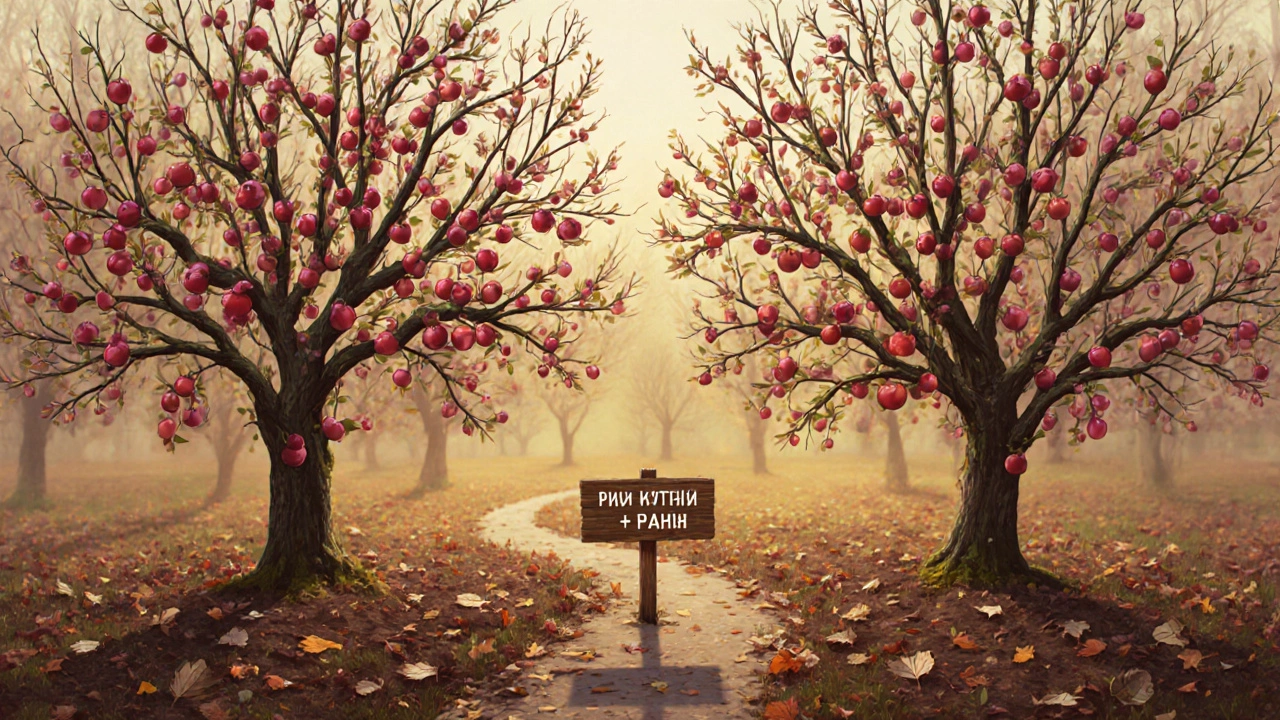 Вишня и слива созревают вместе в полукруглой посадке осенью.