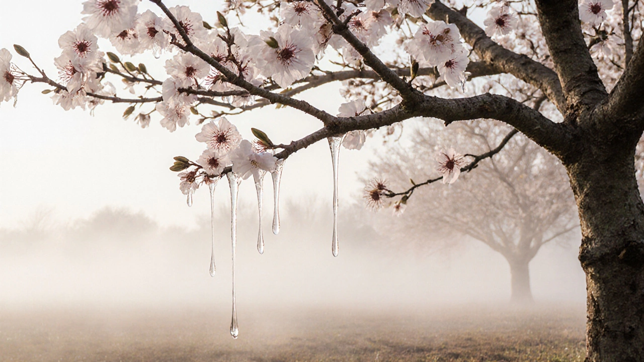 Вишневое дерево с сочущимся соком из свежих срезов весной.