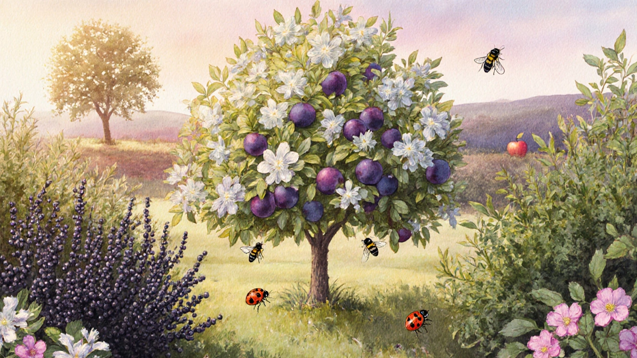 Здоровая слива с цветами, окружённая смородиной, липой и барбарисом.