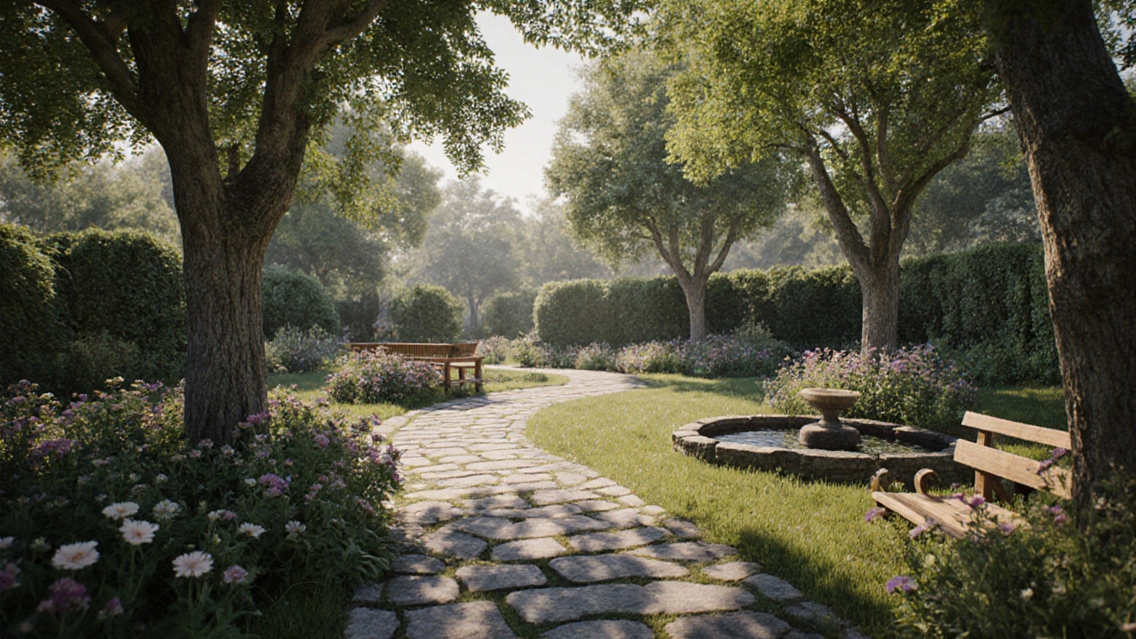 Зрелый сад с дорожками, беседкой и цветами в тёплом свете заката.