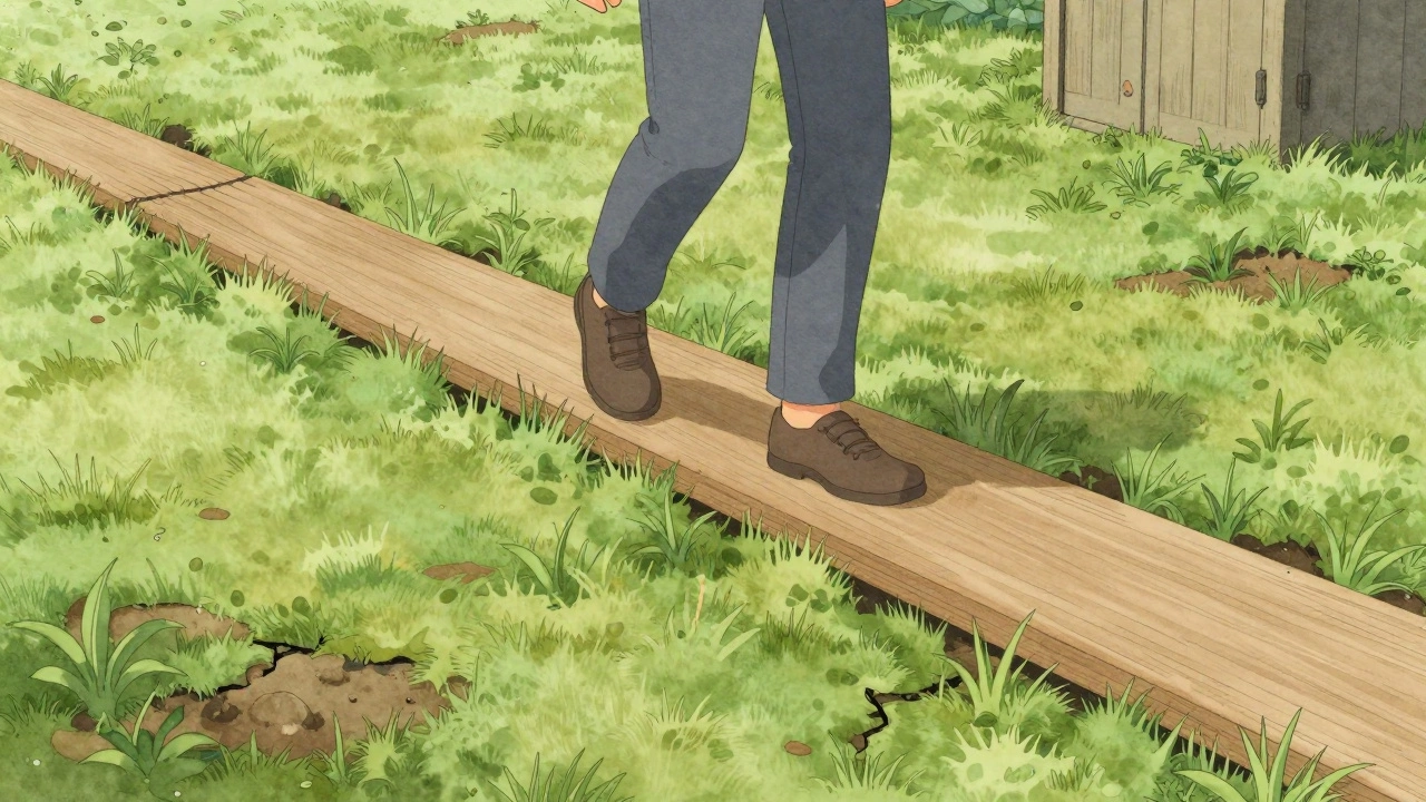 Человек переходит по новому газону по деревянным доскам, избегая наступления на траву.