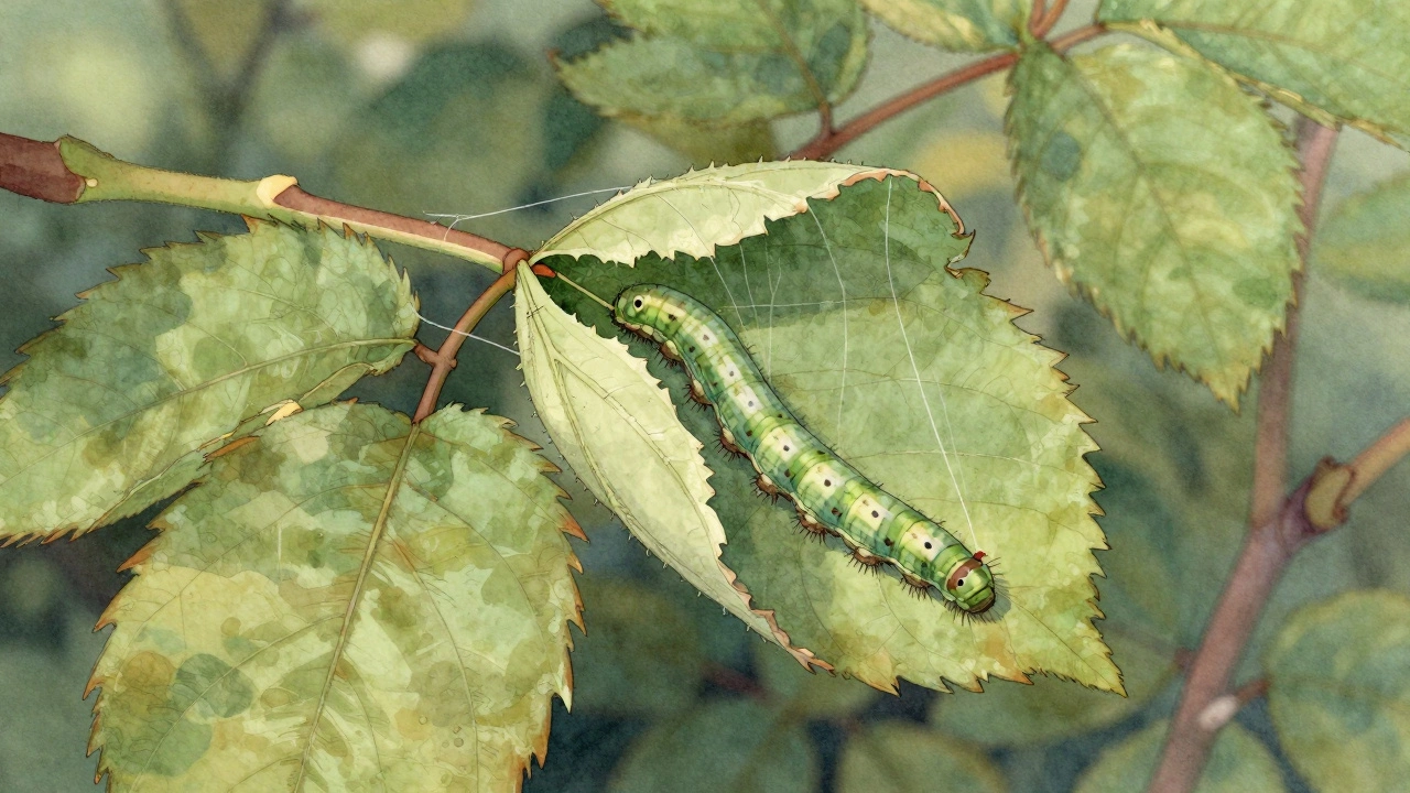Гусеница внутри свернутого листа розы, видны нити паутины и текстура листовой пластины.