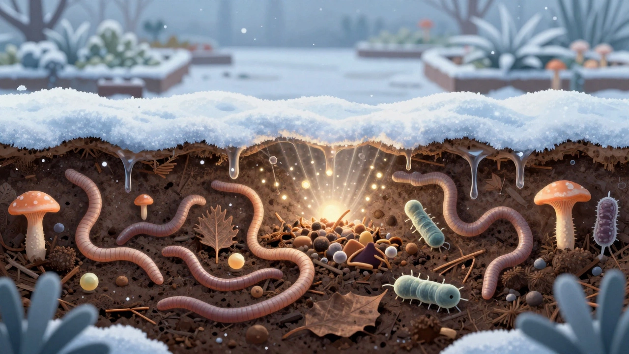 Микроскопическая картина почвенной жизни: черви и грибы перерабатывают органику под слоем снега, питательные вещества светятся.