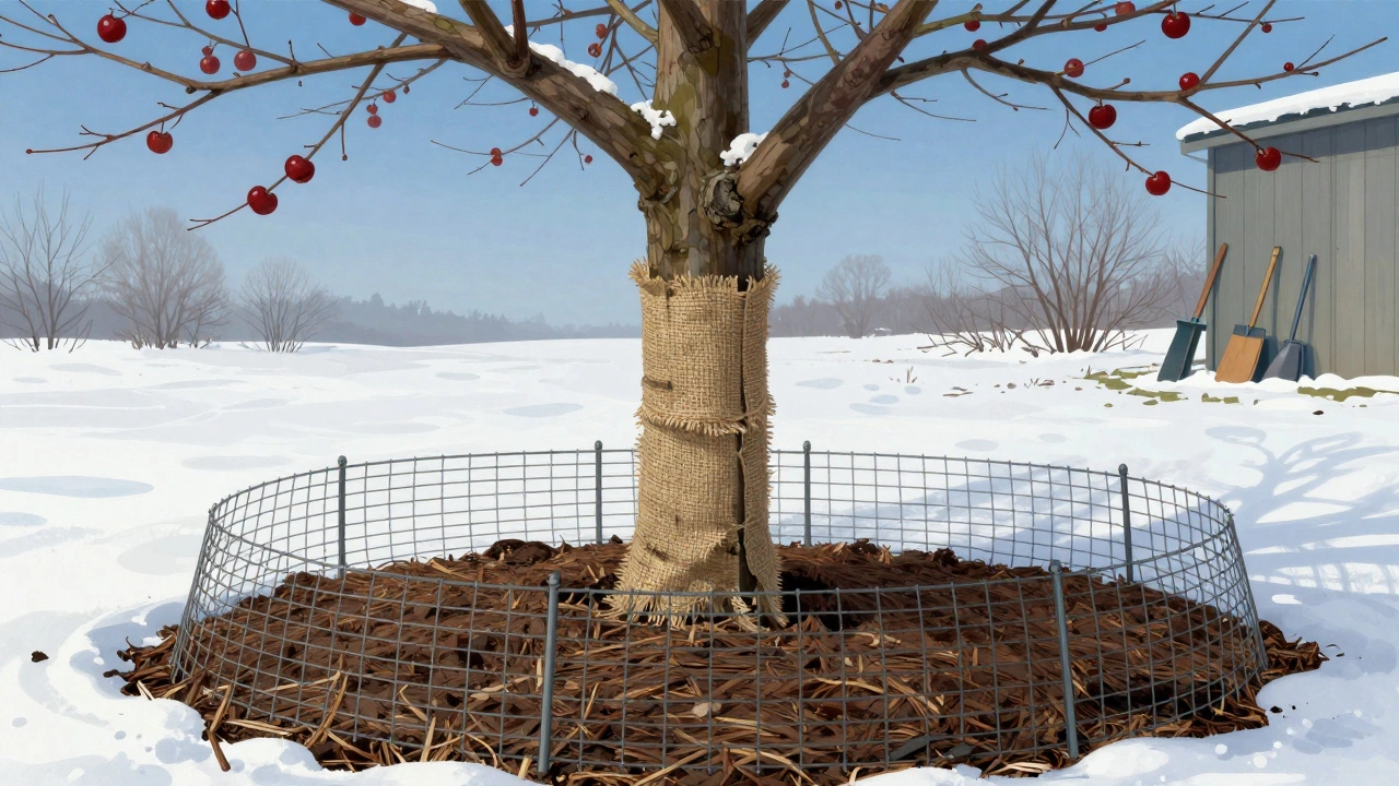 Молодое яблоневое дерево с утеплённым стволом и мульчей вокруг корней.