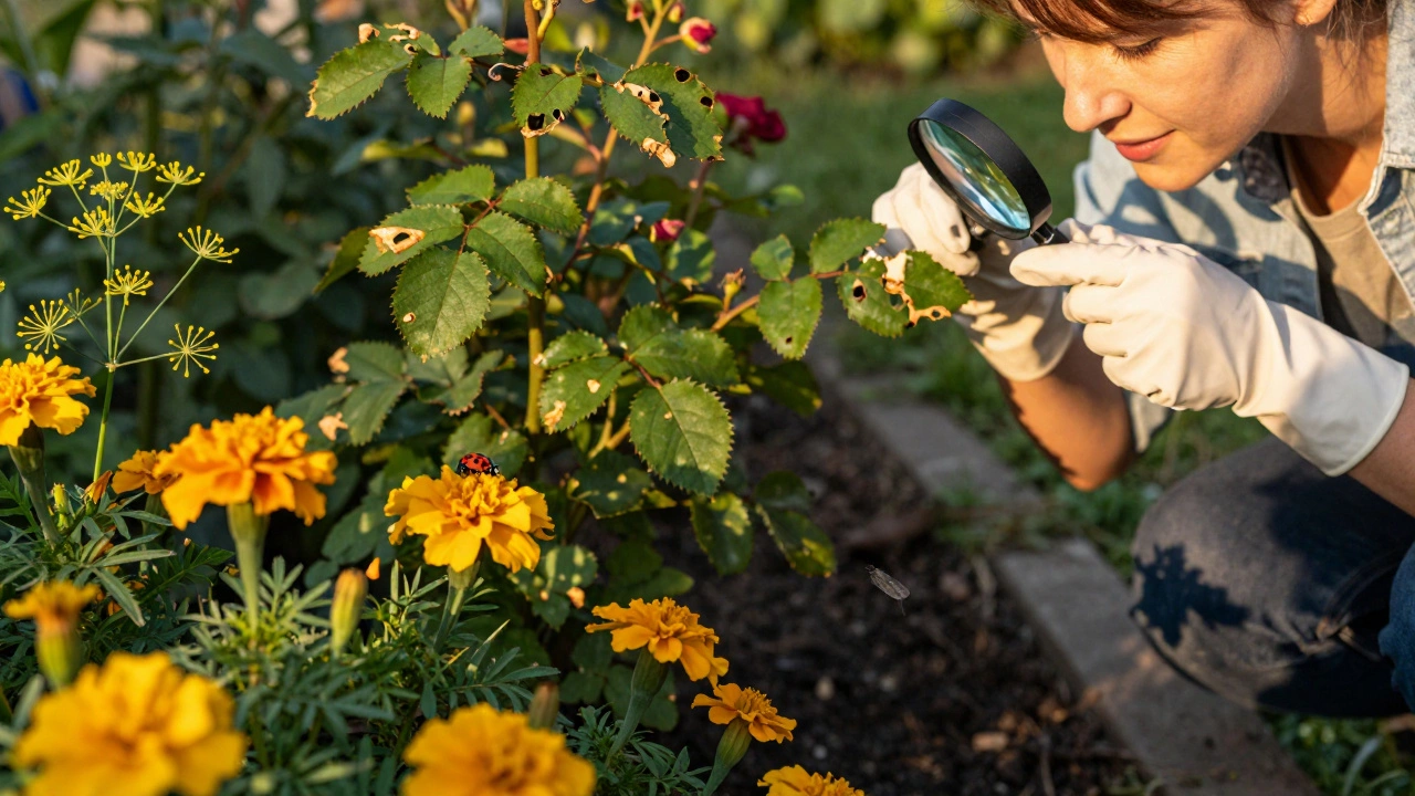 Полезные насекомые на бархатцах и укропе, женщина осматривает лист лупой в солнечном саду.