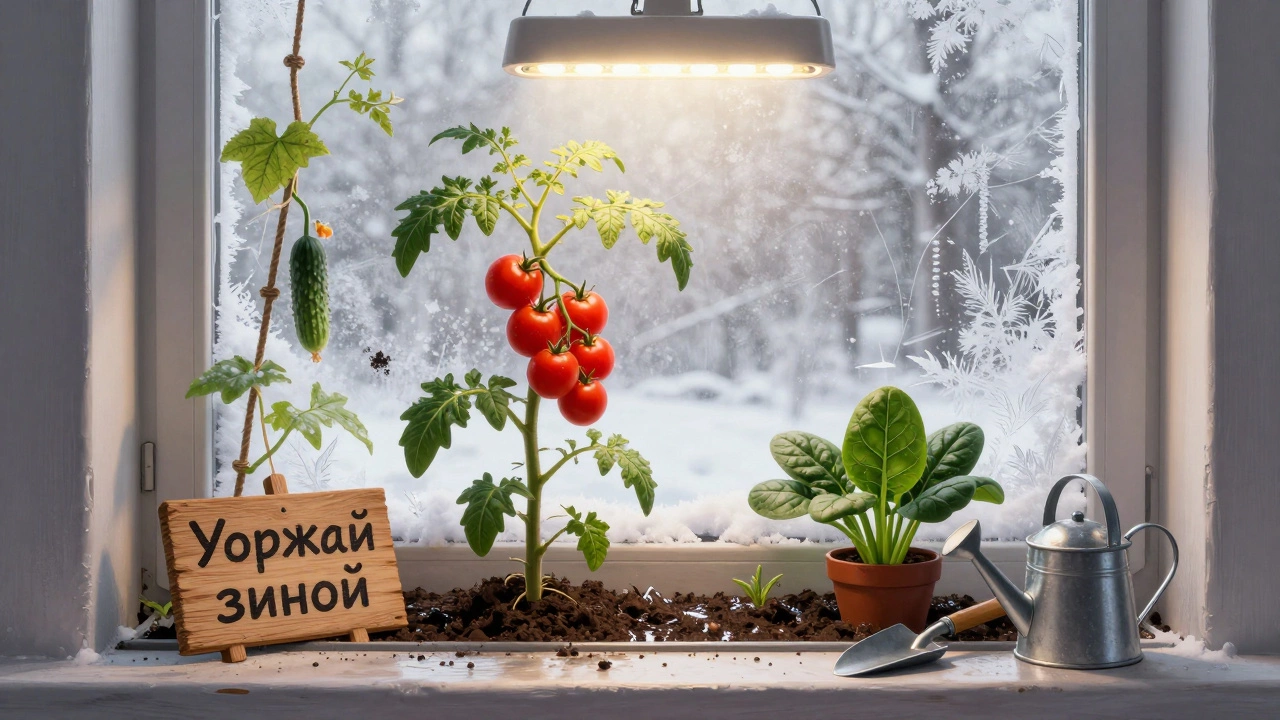 Помидоры черри и огурцы на подоконнике зимой под светодиодной лампой