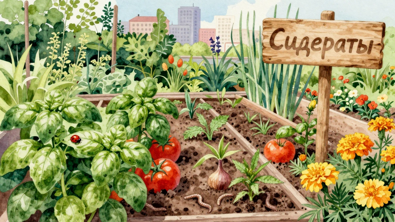 Разнообразная грядка с помидорами, базиликом, луком и бархатцами, растущими вместе в органическом саду.