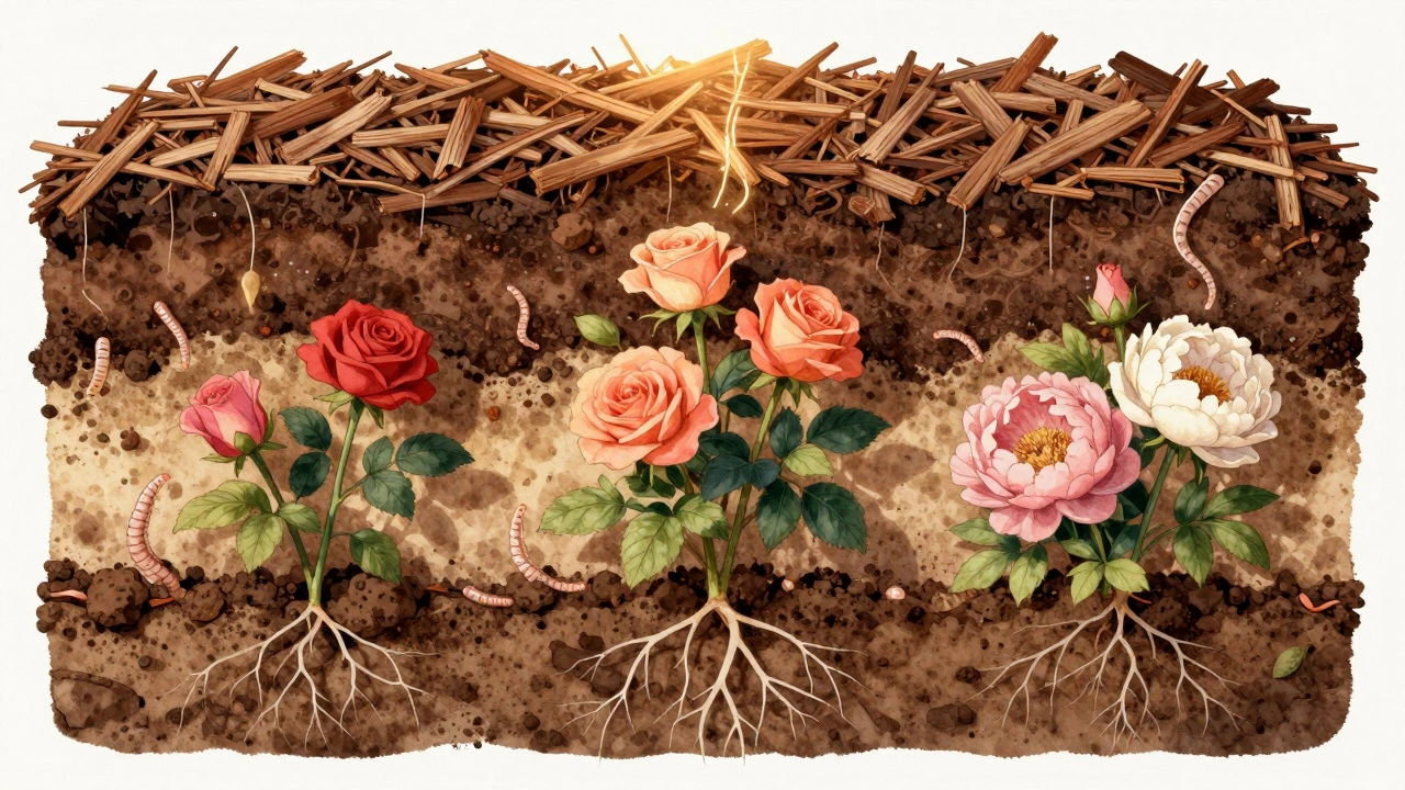 Разрез клумбы с слоями удобрений, корнями цветов и микроорганизмами в почве.