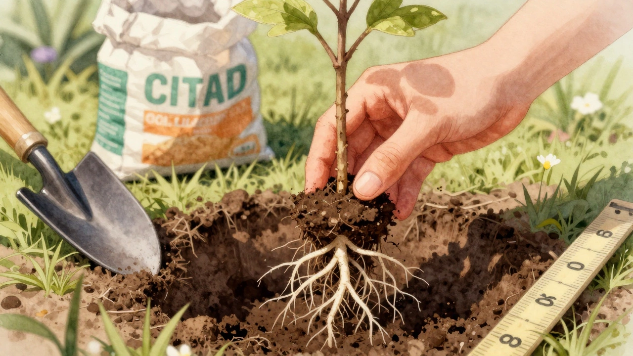 Рука аккуратно расправляет здоровые корни саженца перед посадкой, на фоне инструментов и земляного кома.