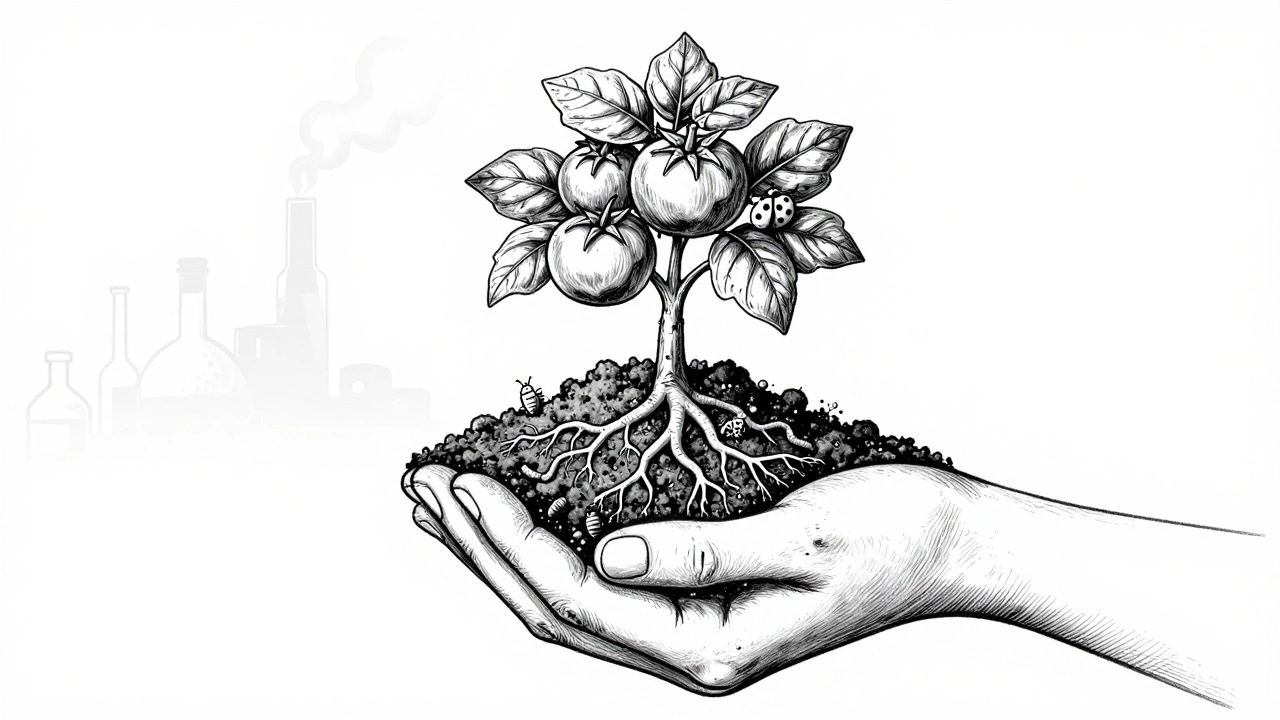 Рука держит живую землю, из которой растут растения и насекомые, а химия исчезает в тени.