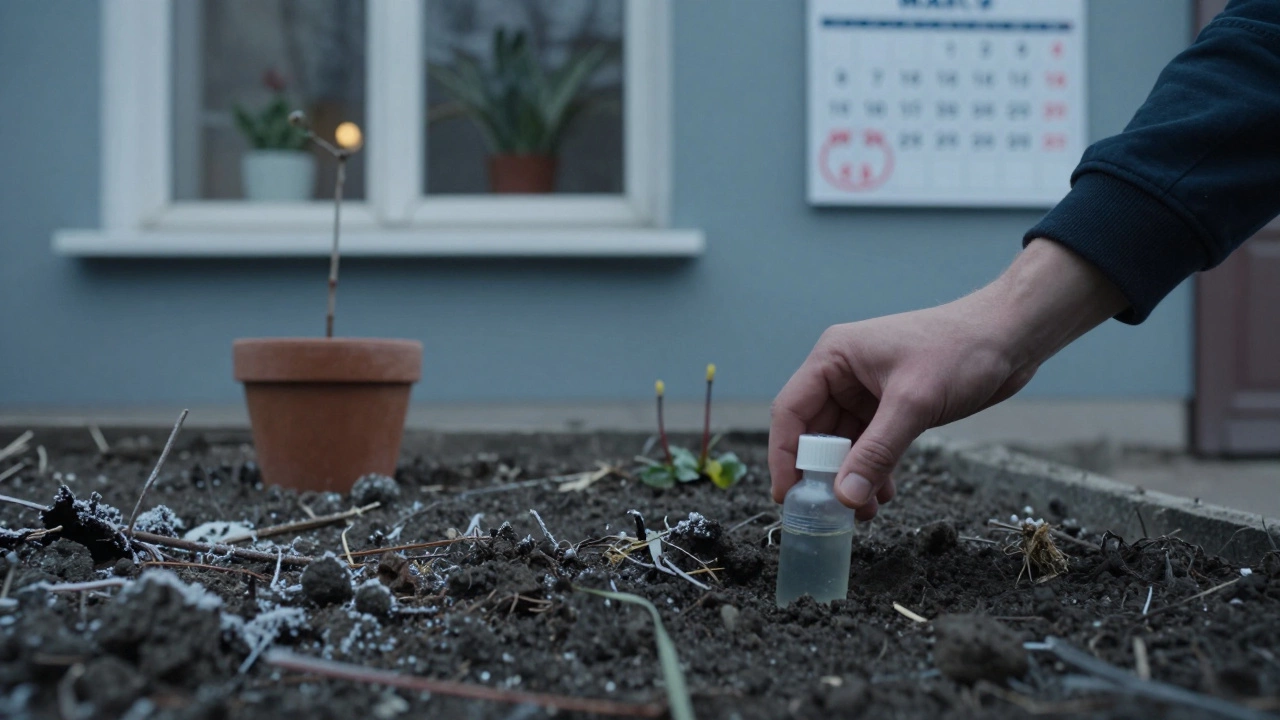 Рука кладет удобрение в землю весной в Екатеринбурге, за окном — зима.