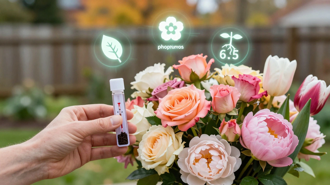 Рука с тестером pH рядом с цветущими розами, пионами и тюльпанами, с символами питательных веществ.