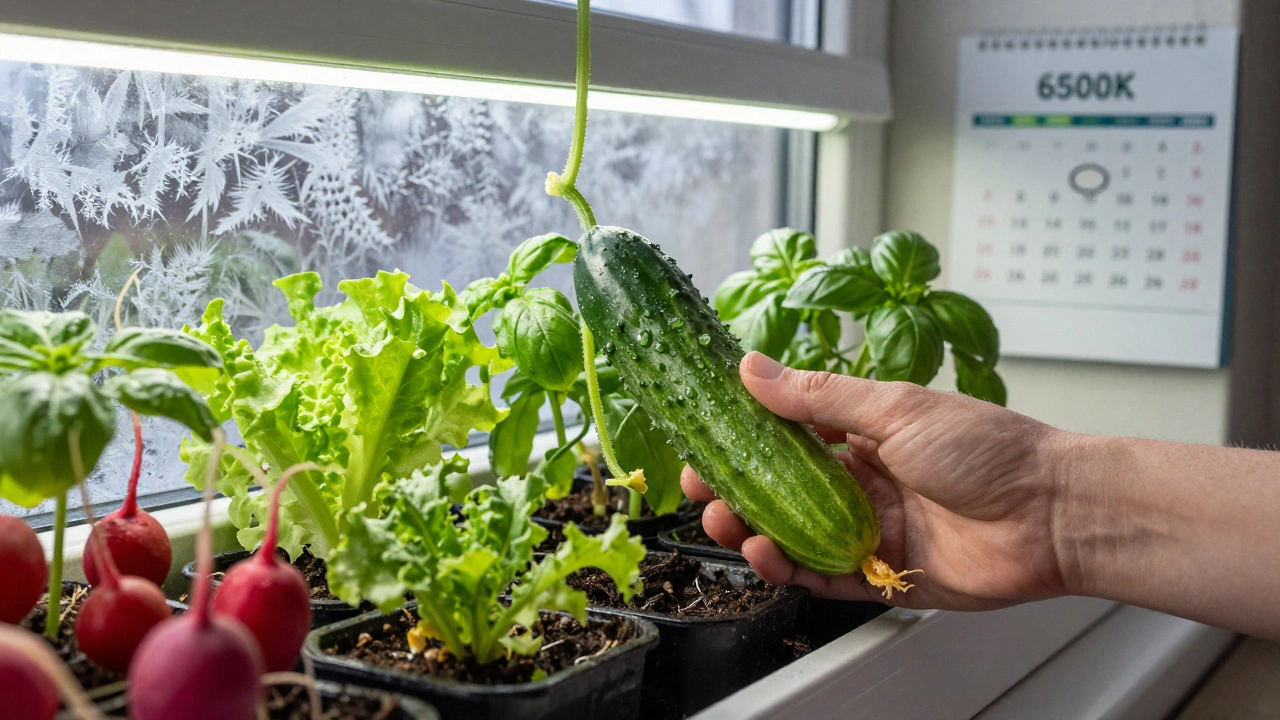 Рука собирает огурец с подоконной грядки в зимний день