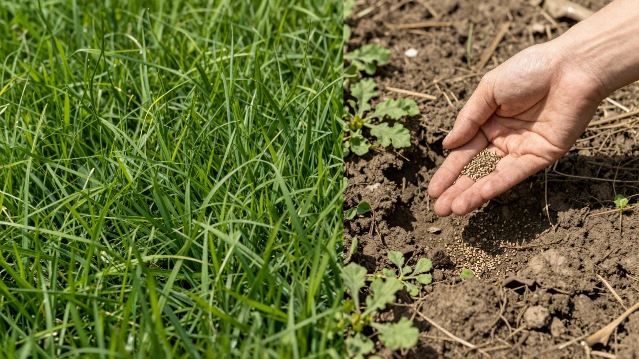 Сравнение здорового газона и поврежденного участка с сорняками и семенами.