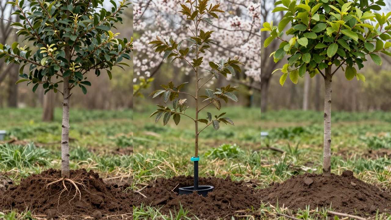 Три этапа посадки дерева: неправильно, правильно и через год — здоровое дерево с мульчей и подвязкой.