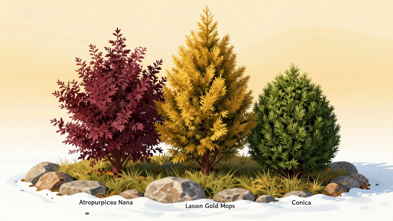 Три вида вечнозелёных кустарников на фоне снега: барбарис, кипарисовик и карликовая ель.