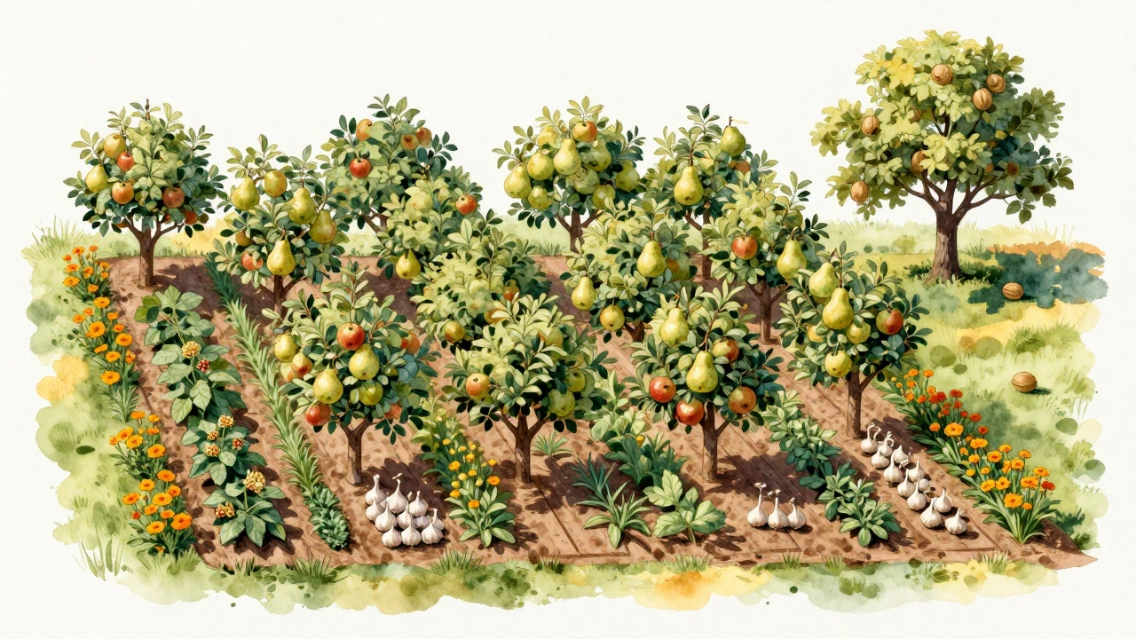 Уютный сад с правильно расставленными деревьями и защитными растениями: барбарисом, чесноком и календулой.