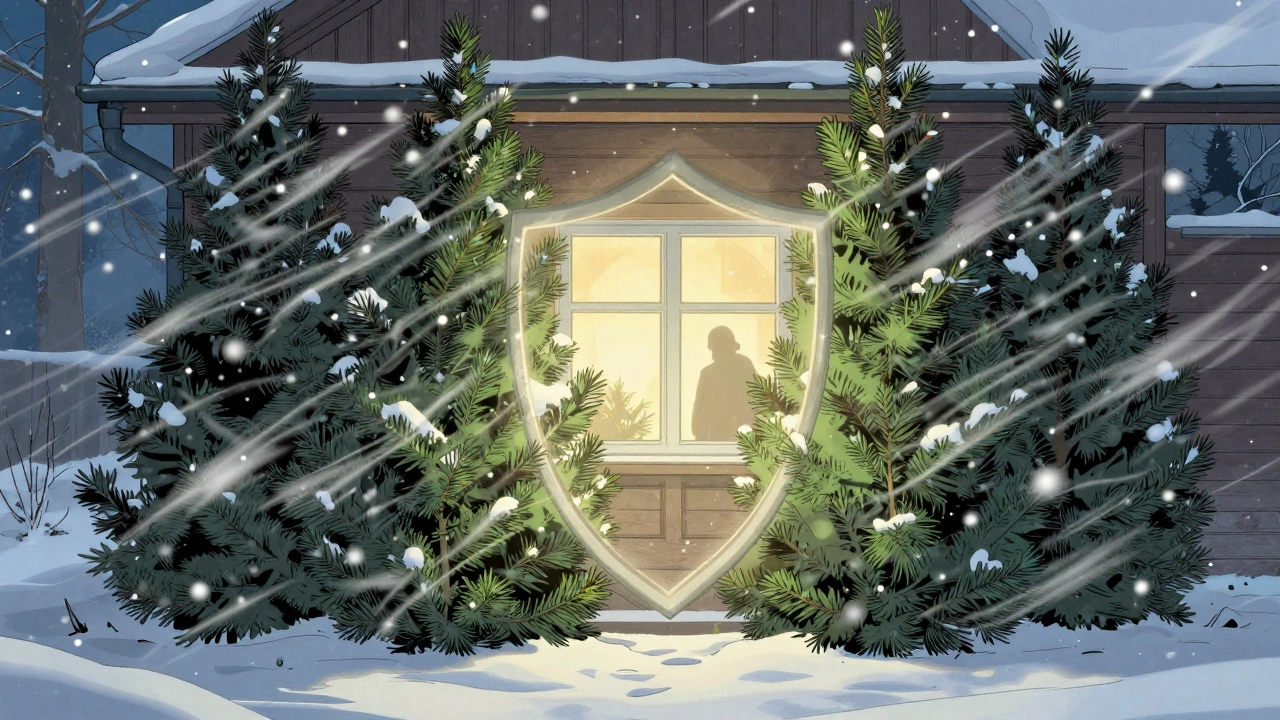 Вечнозелёные кустарники защищают дом от зимнего ветра, снег падает мягко вокруг них.