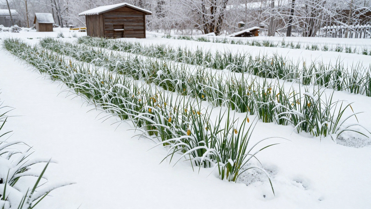 Зимняя грядка под снегом с зелёными посевами ржи и овса, видны следы удобрений, где снег растаял.