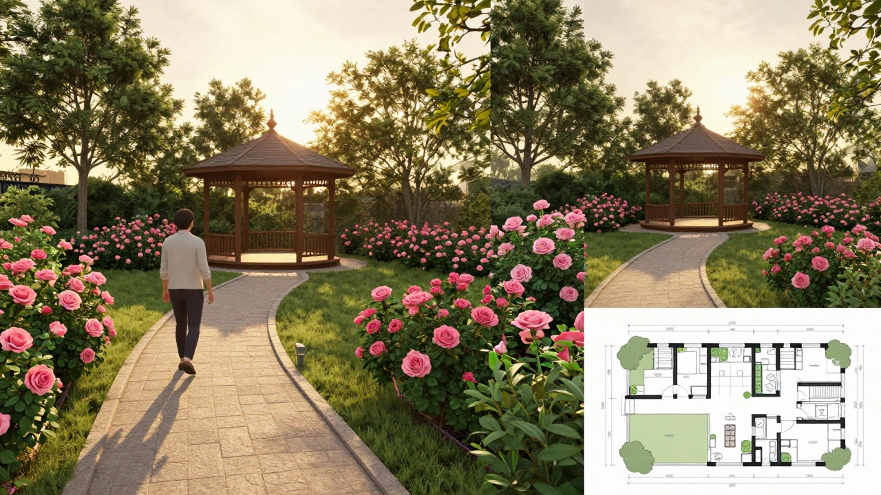 3D-просмотр сада в браузере с прогулкой по дорожке мимо беседки и роз, рядом — 2D-план.